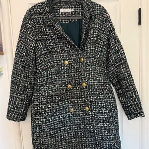 Adelyn Rae Black & White Tweed Double-Breasted Pea Coat with Gold Buttons